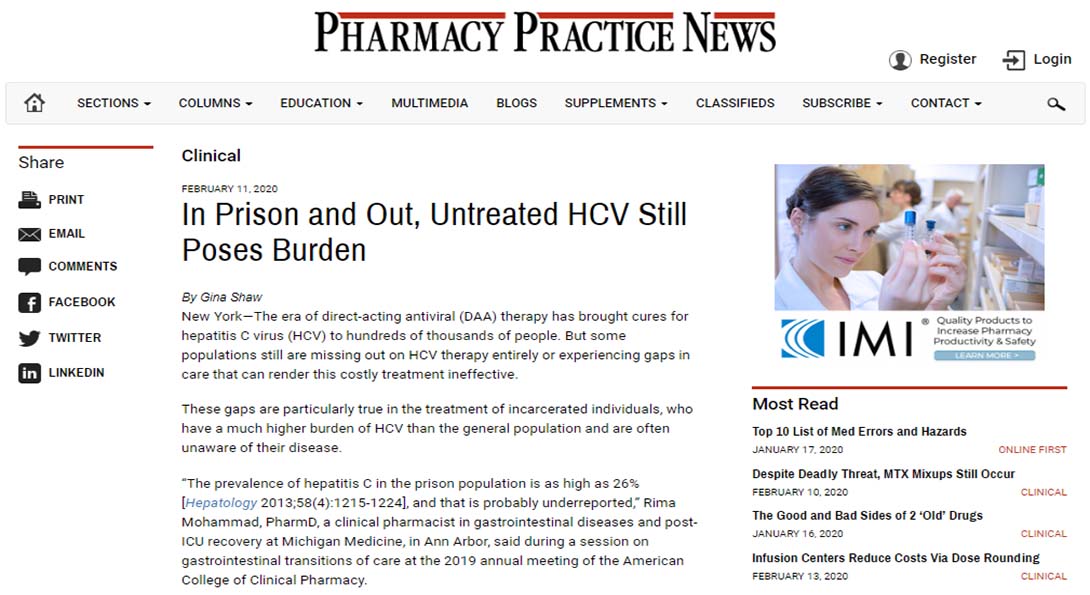 Dr. Sarah Michienzi was interviewed for the article “In Prison and Out, Untreated HCV Still Poses Burden,