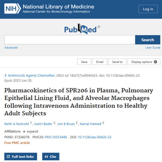 Pharmacokinetics of SPR206 in Plasma, Pulmonary Epithelial Lining Fluid, and Alveolar Macrophages following Intravenous Administration to Healthy Adult Subjects
