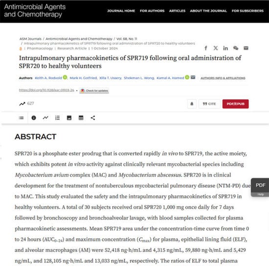 Intrapulmonary pharmacokinetics of SPR719 following oral administration of SPR720 to healthy volunteers